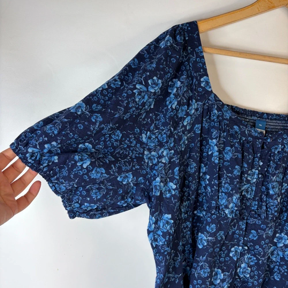 Old Navy Blouse Women XXL Blue Floral Square Neck Smocked Back Puff Sleeve
